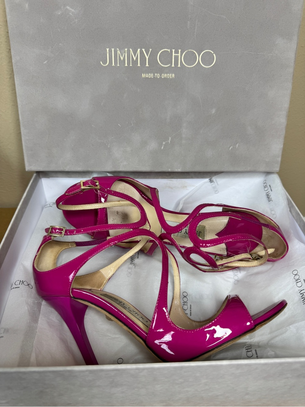Jimmy Choo Fuchsia Patent Leather Strappy High-Heel Sandals